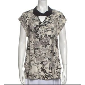 Mayle Sz 2 Black Floral Toile 100% Silk Pleated Ruffle Peplum Keyhole xs Blouse